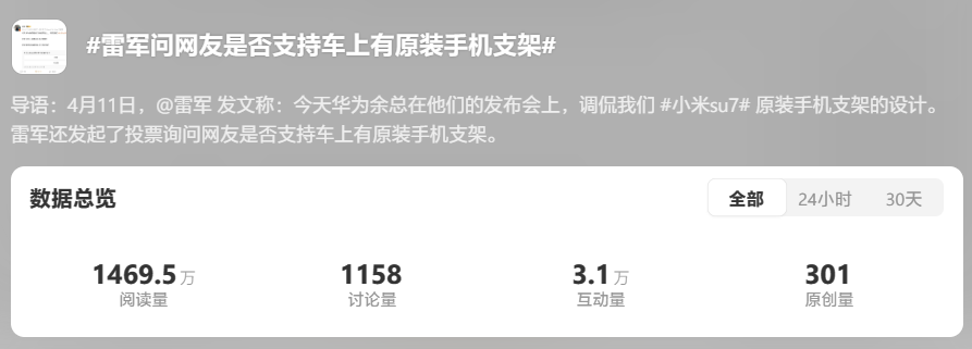 小米雷军回应华为余承东调侃车载手机支架:没事,同行相互交流有助于提升产品水平