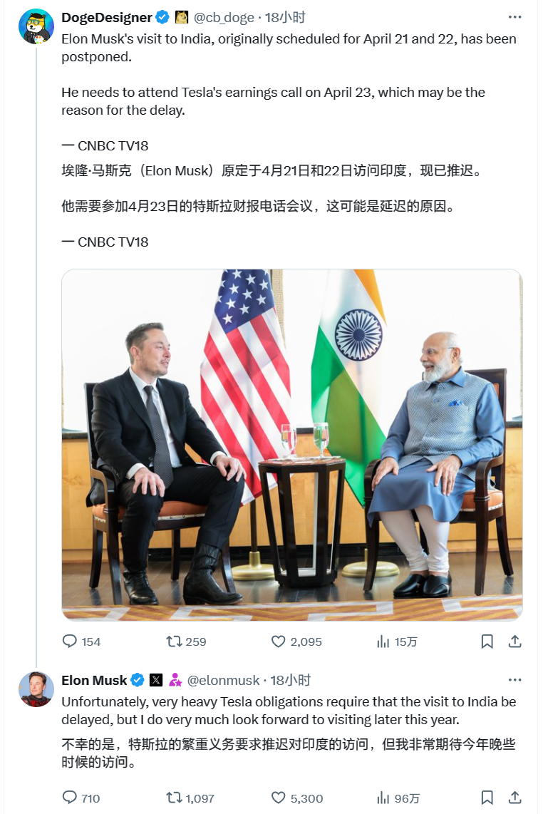 因特斯拉“任务繁忙”，马斯克宣布推迟访问印度计划
